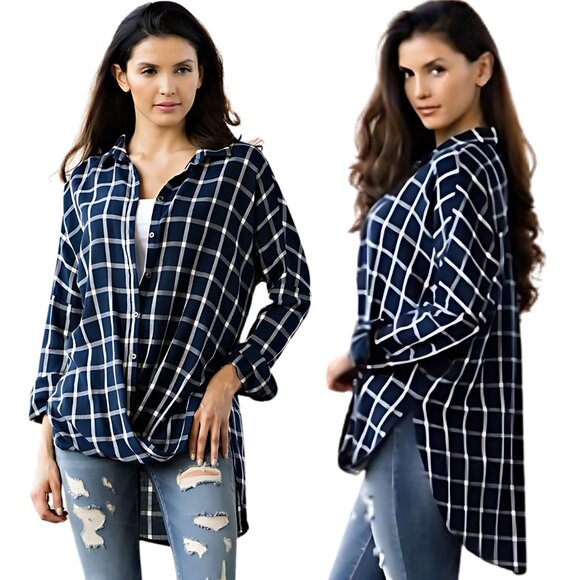 NEW NWT Womens Navy Blue Striped Plaid Button Up Lightweight Blouse Top LG or SM - Picture 3 of 6